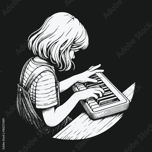 Hand drawn illustration of a young girl playing a toy piano.