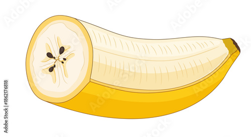 A close-up illustration of a peeled banana, showing its creamy white flesh and black seeds in a cross-section.