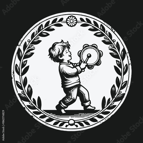 Vintage black and white illustration of a young boy playing a tambourine in a circular laurel wreath frame.