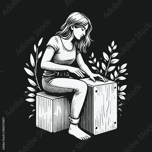 Black and white woodcut style illustration of a woman playing a cajon drum.