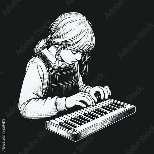 Monochrome sketch of a young girl playing a synthesizer keyboard.