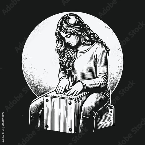 Artistic black and white illustration of a woman playing a cajon drum.