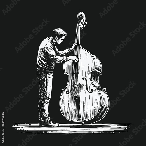 Hand drawn sketch of a musician playing the upright double bass.