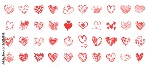 Hand Drawn Red Heart Icons Set, Doodle Love Symbols Collection for Valentine, Romance and Decoration