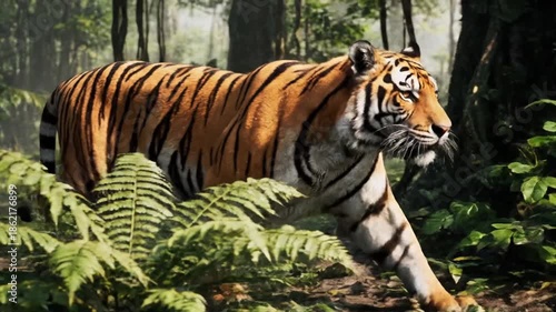 Bengal Tiger Walking Calmly Through a Lush Green Tropical Forest with Natural Light and a Cinematic Wildlife Atmosphere