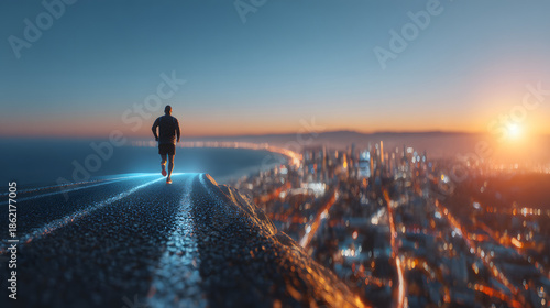 Silhouette runner sprinting toward bright horizon at sunset on elevated road overlooking illuminated cityscape, dynamic inspirational motion