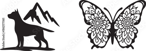 Silhouette of a dog with mountains and an ornate butterfly design