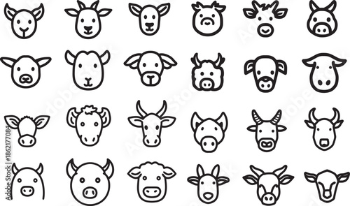 Farm animal head icons set in simple black outline vector style showing cow pig sheep goat deer and livestock faces with friendly neutral expressions, minimal line illustration collection for design