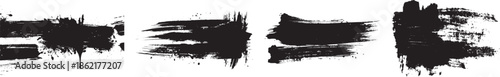 Abstract black brush stroke texture set with rough paint smears splashes and grunge edges in horizontal composition, expressive ink brush marks for modern graphic design, concept of creativity art and