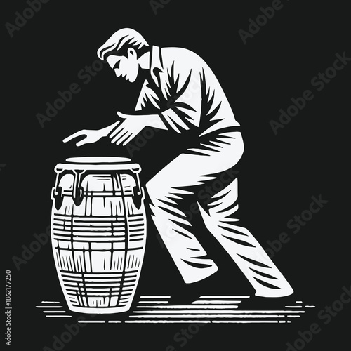 Monochrome graphic illustration of a musician playing the conga drum.