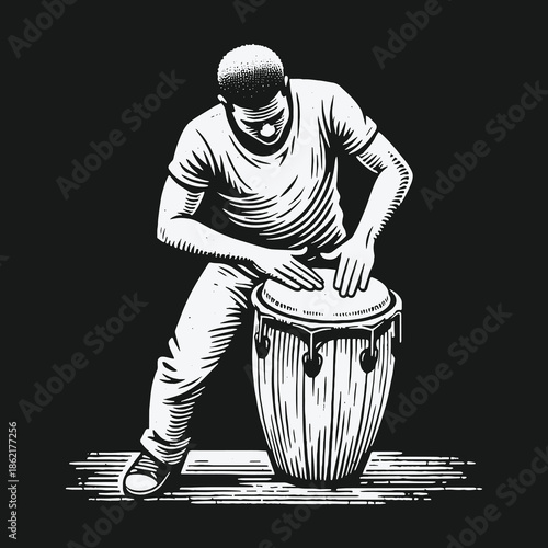 Man playing a conga drum in a black and white illustration style.