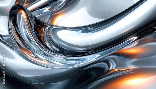 Abstract metallic wave with orange highlights and smooth reflections.