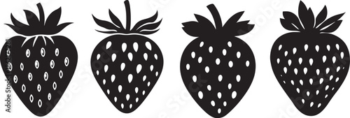 Black strawberry fruit vector set with four solid silhouettes featuring leafy tops and seed details arranged horizontally showing hand drawn botanical food illustration 