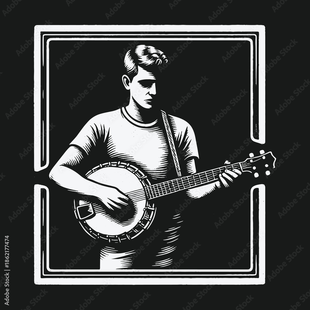 Obraz premium Monochrome woodcut style illustration of a young man playing the banjo.