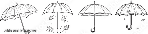 Hand drawn outline vector set of open umbrellas in different angles with falling autumn leaves and simple details, minimal black and white illustration