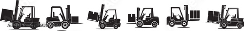 Black silhouette vector set of forklift trucks lifting and transporting cargo pallets in side view with different working positions, industrial warehouse transport illustration
