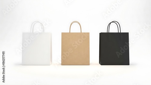 Three shopping bags in white, brown, and black