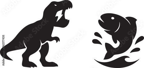 A playful illustration of a tyrannosaurus rex and a jumping fish