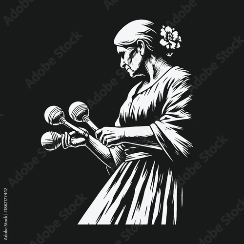 Monochrome illustration of a woman playing traditional maracas.