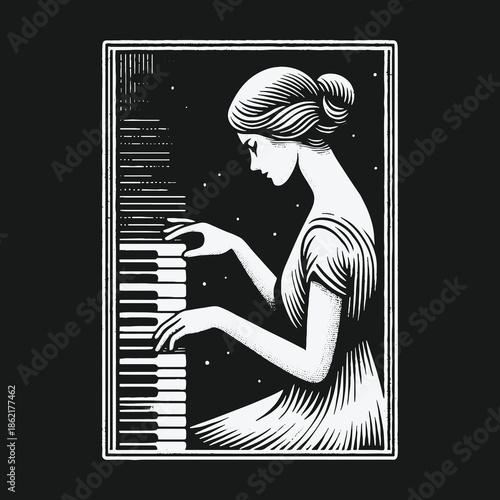 Artistic woodcut illustration of a female pianist under the stars.
