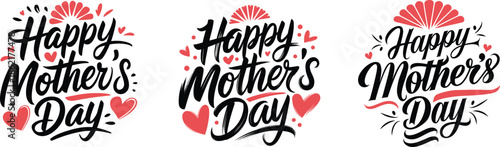 Happy Mother's Day hand drawn lettering calligraphy set with hearts and floral elements, vector illustration