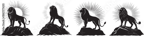 Majestic lion silhouettes standing proudly on rocky cliffs with radiant sunburst halo behind, bold black vector illustration showing strength confidence leadership and courage