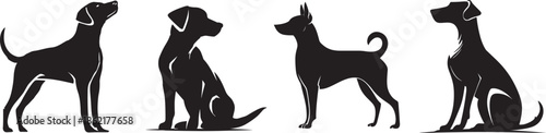 Four dog silhouettes in standing and sitting poses, bold black vector illustration showing loyal domestic animals with attentive posture and calm expression