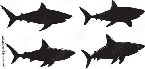 Four shark silhouettes swimming in different positions, bold black vector illustration of marine predators with sharp fins and streamlined bodies