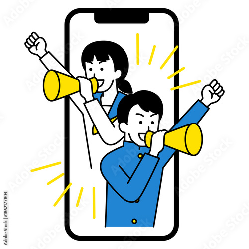 学生の男女が応援するスマホの広告