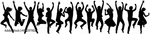 Large set of happy people silhouettes jumping and dancing in celebration poses isolated on white background for party events.