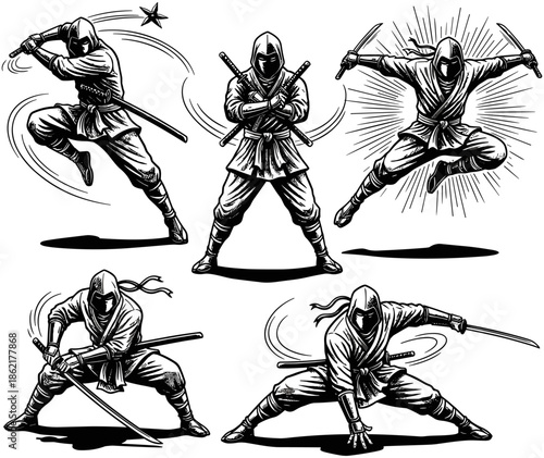 Set of five vintage woodcut style ninjas in various action poses with katanas and swords isolated on white background.