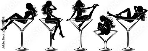 Set of five seductive female silhouettes in elegant poses sitting on large martini cocktail glasses isolated on white background.