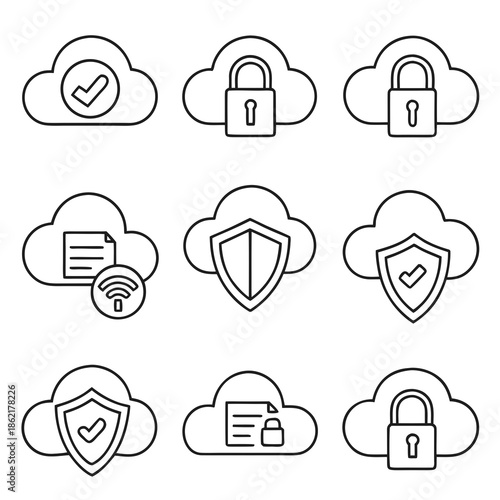 Modern Minimal Vector Icon Set for Cloud Security and Remote Data Protection, Illustrating Encrypted Cloud Storage, Safe Syncing, and Network Access Management