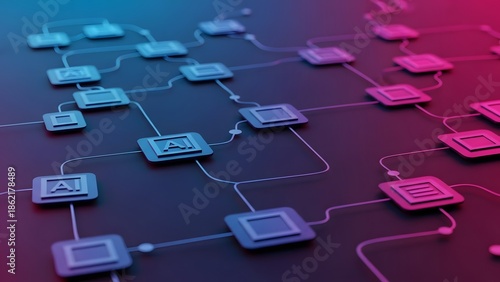 technology backgrounds, AI Network Connection Flowchart with Gradient Background and Data Exchange Lines