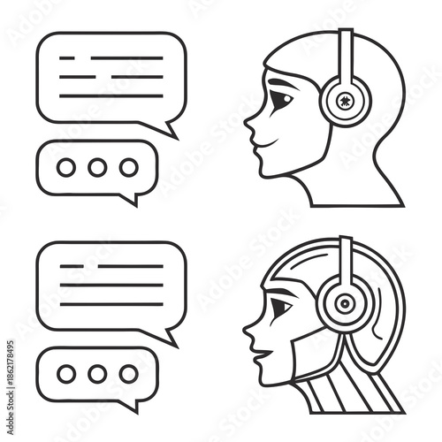 Modern Minimal Vector Icon Set for AI Chatbot and Virtual Assistant Services, Featuring Customer Support Bot, Message Automation, and Natural Language Processing Icons