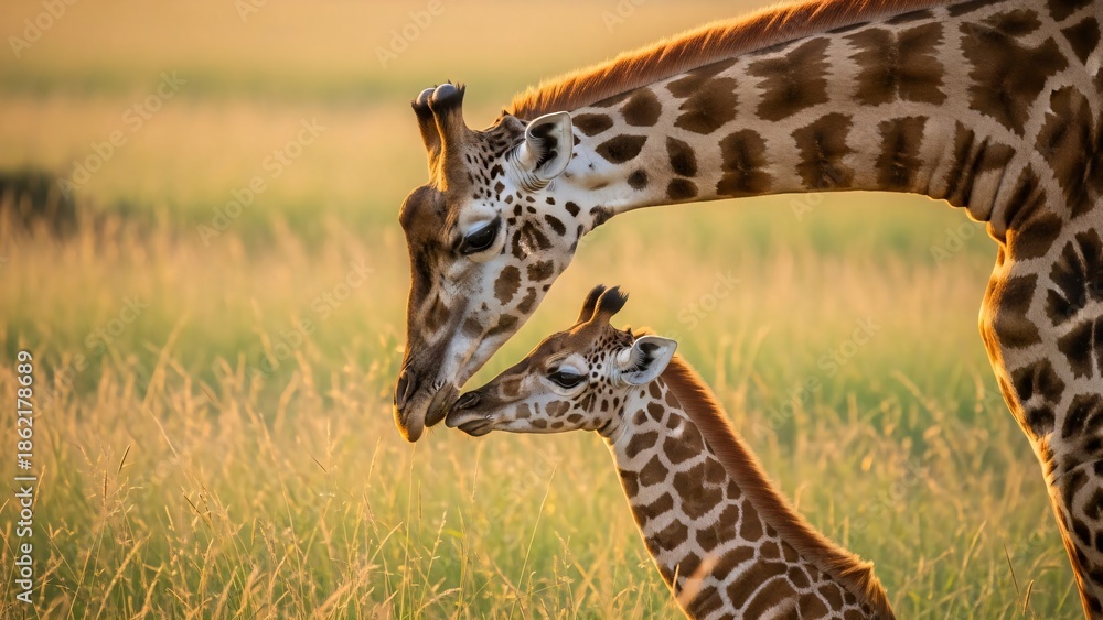 Obraz premium Adult giraffe and baby giraffe showing affection in a beautiful field at sunset, a tender animal bond representing family and care.
