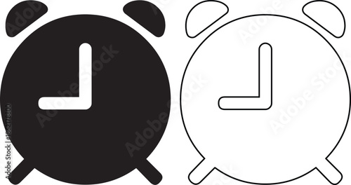 Vector illustration set of two alarm clock icons featuring solid black silhouette and linear outline styles for time management and morning wake up deadlines.