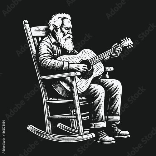 Elderly bearded musician strumming an acoustic guitar on a rocking chair.