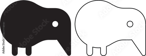 Vector illustration set of two kiwi bird icons featuring solid black silhouette and linear outline styles for New Zealand national symbol and flightless animal zoo mascots.