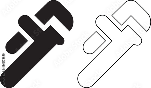 Vector illustration set of two adjustable wrench icons featuring solid black silhouette and linear outline styles for construction tools, plumbing repair and mechanical maintenance symbols.