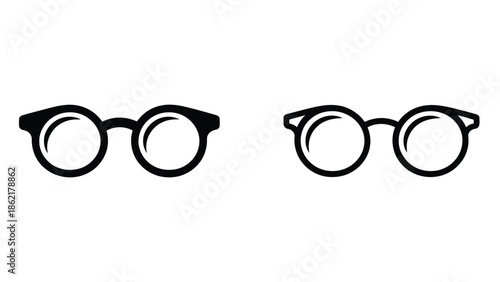 Minimal eyeglasses icon set in black and white style featuring solid and outline spectacles symbols for vision care, optics branding, ui design, apps, logos and web use 
