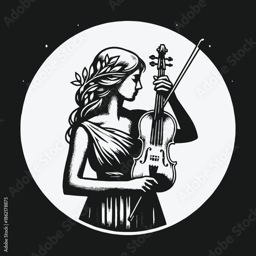 Serene goddess with a violin and bow in a moonlit circle.
