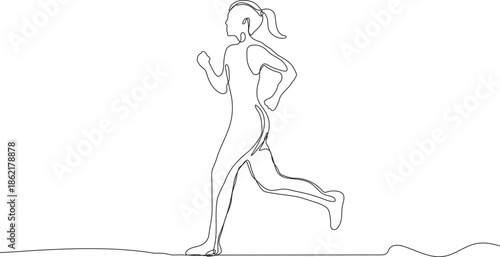 A beautiful minimalist continuous line illustration of a woman running on a white background