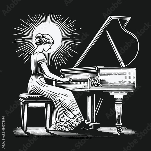 Vintage black and white illustration of a woman playing a grand piano with a radiant halo.