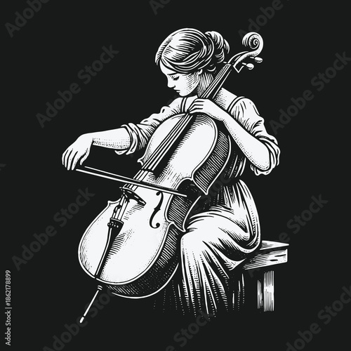 Classical female cellist playing music in a vintage sketch style.