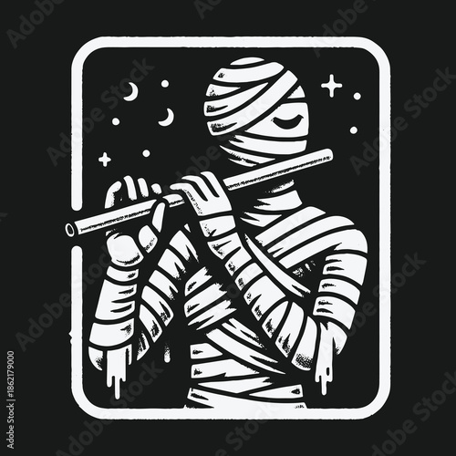 Monochrome illustration of a mummy playing a flute at night.
