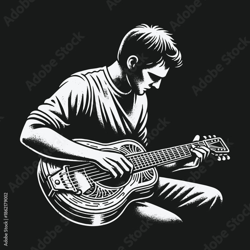 Black and white graphic illustration of a young man playing an acoustic resonator guitar.