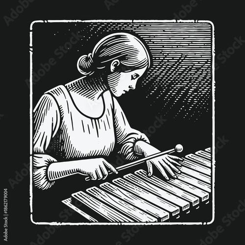 Vintage black and white woodcut style illustration of a woman playing a xylophone.