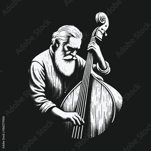 Elderly bearded musician playing a double bass in a striking monochrome style.
