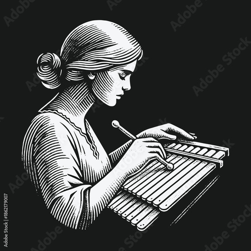 Artistic engraving style illustration of a woman playing a xylophone.